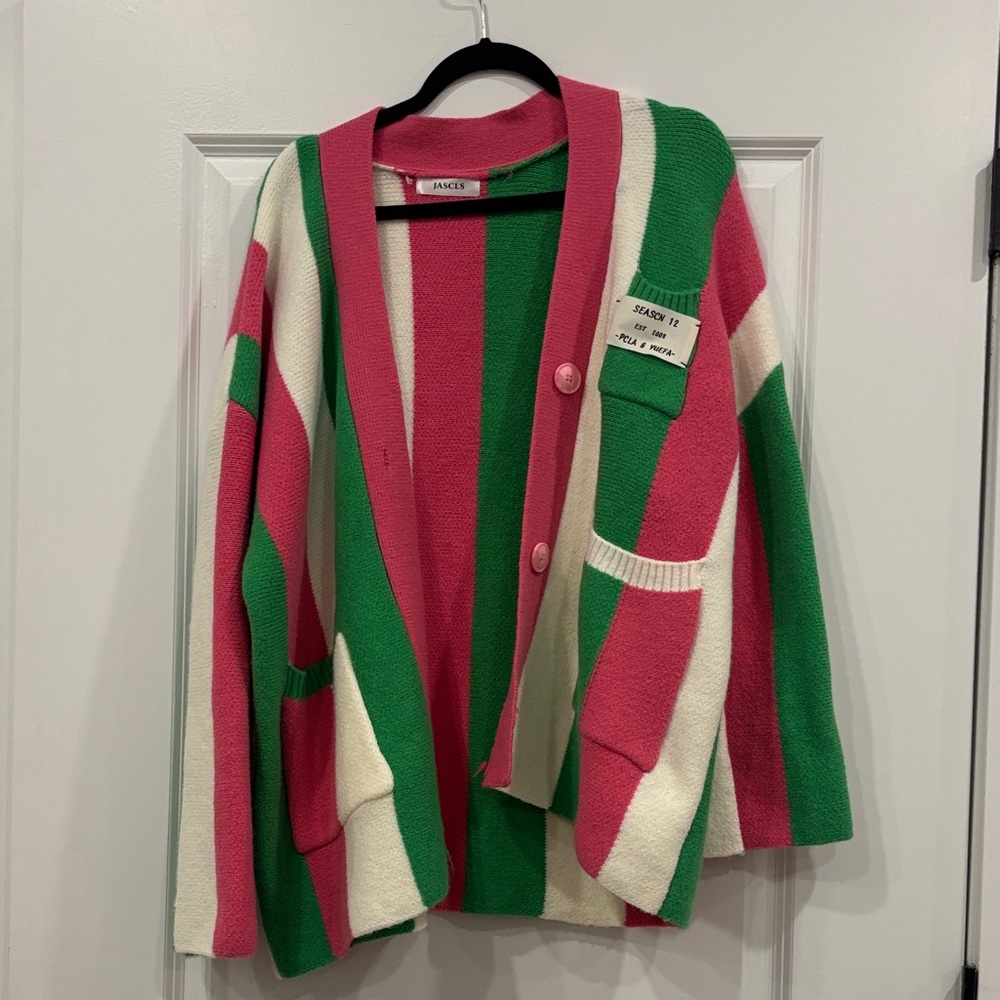 Oversized Cardigan New PInk, Green, and Cream Striped Cardigan LG